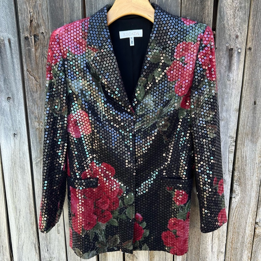 Escada Vintage Y2K Sequin Embellished Floral Blazer Jacket Black Red 38